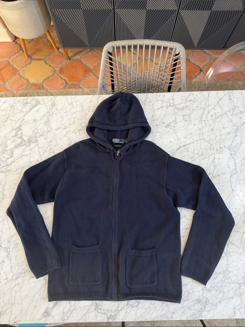 Polo Ralph Lauren Vintage Knit Zip Up Hoodie Sweater Mens L Navy